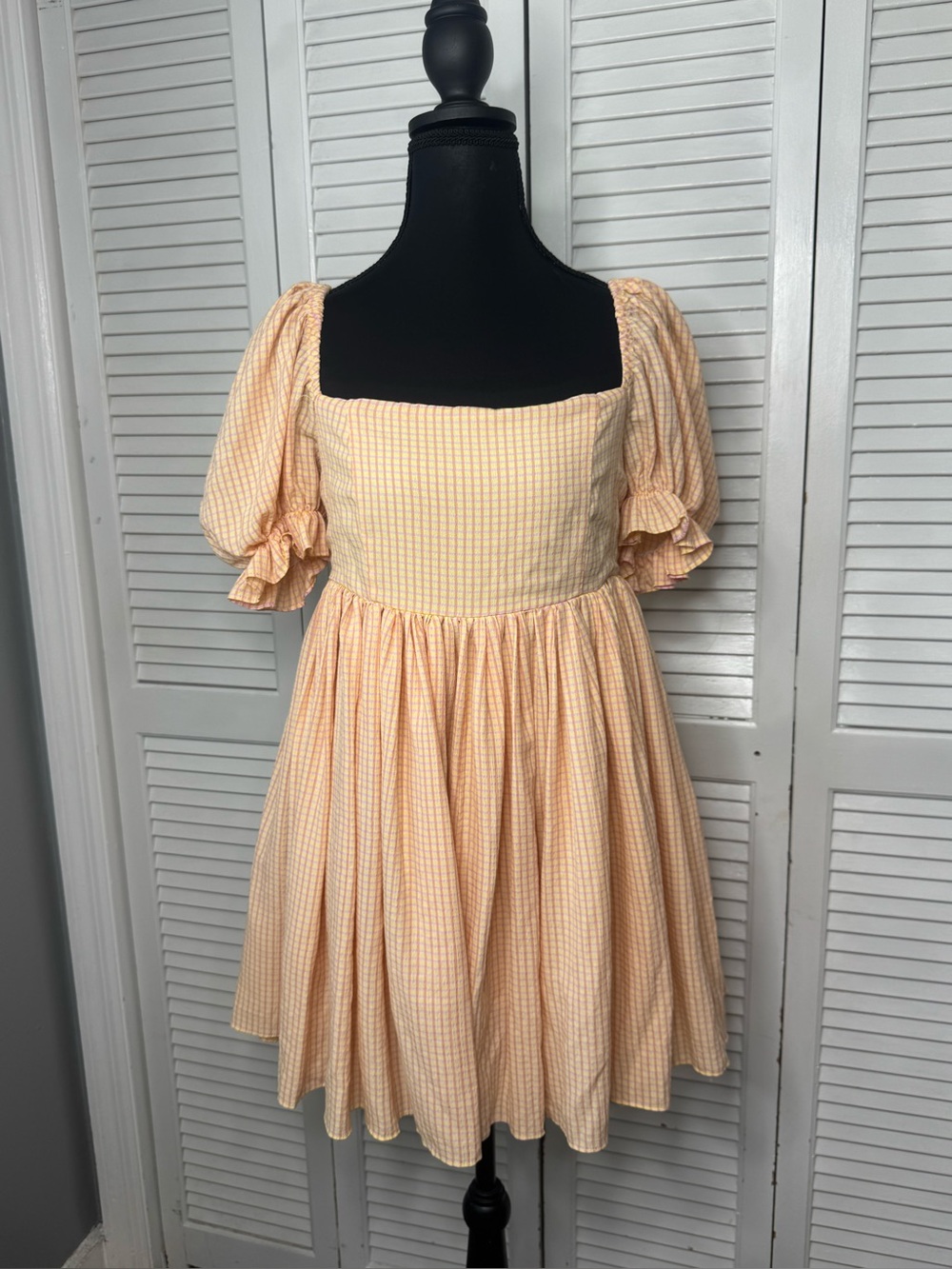 Peach  and Orange Puff Sleeve Mini Milkmaid Coquette Gingham Dress Size Small